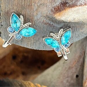 Blue and Silver Butterfly Earrings with Crystal Details Clip On Style Girly